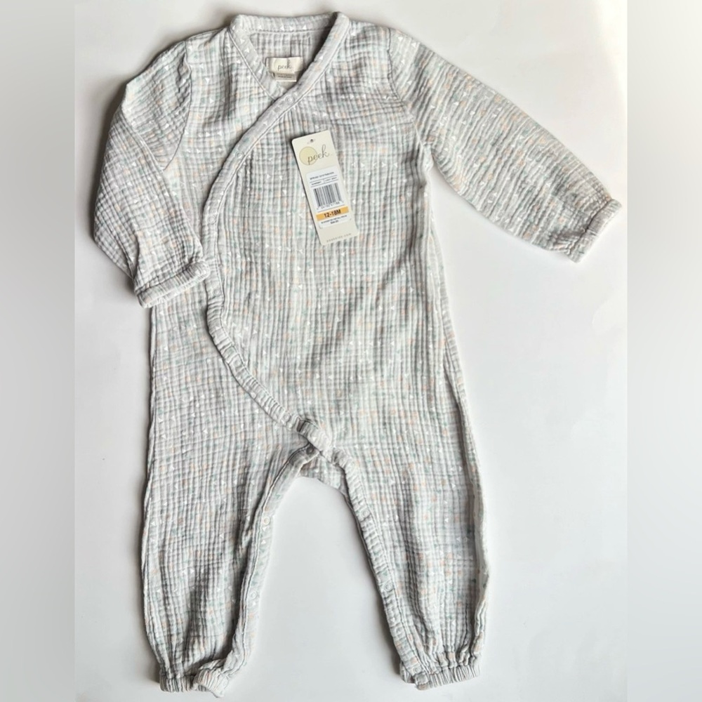 NWT Peek Cotton Muslin Kimono One Piece Romper 12-18 Months Gray Triangle